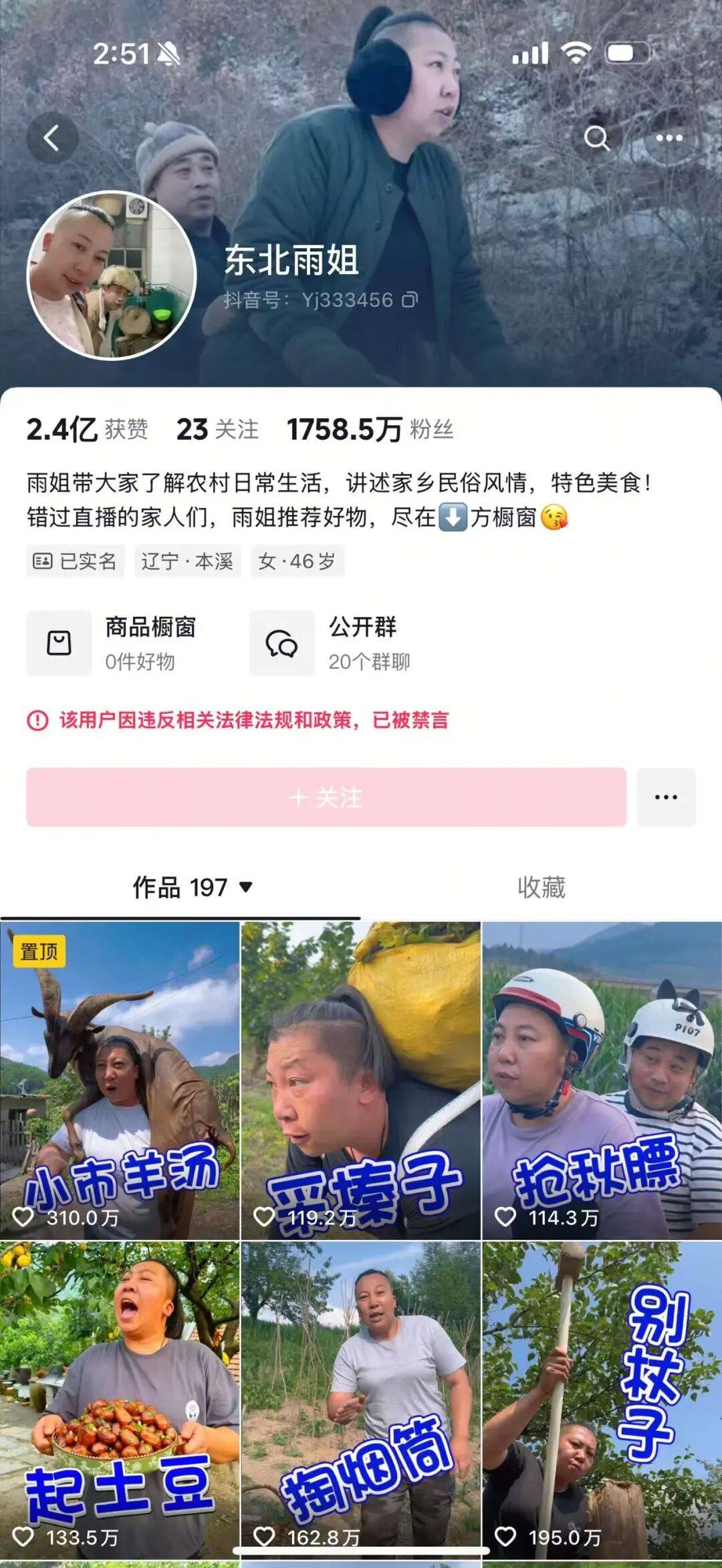 “东北雨姐”带货红薯粉厂商被强制执行671万元，其账号或将于10月解封