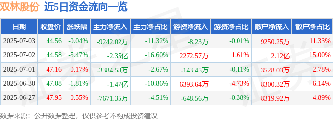 股票行情快报：双林股份（300100）7月3日主力资金净卖出9242.02万元