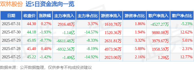 股票行情快报：双林股份（300100）7月31日主力资金净买入2916.48万元