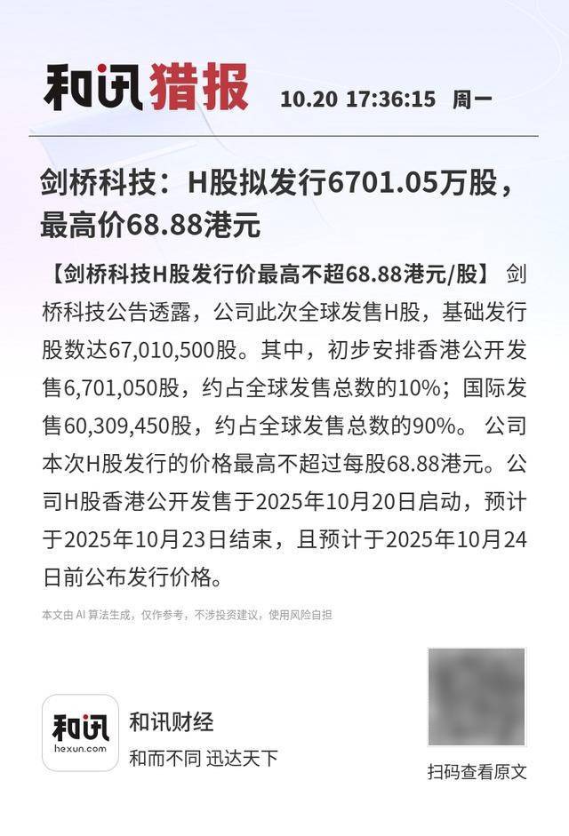 剑桥科技：H股拟发行6701.05万股，最高价68.88港元