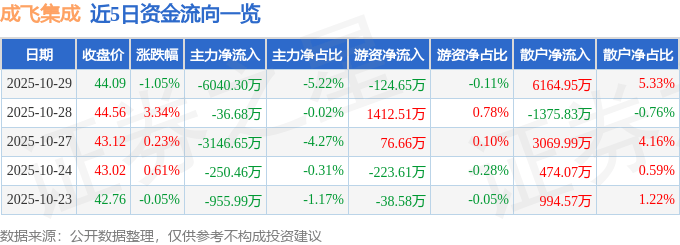 股票行情快报：成飞集成（002190）10月29日主力资金净卖出6040.30万元