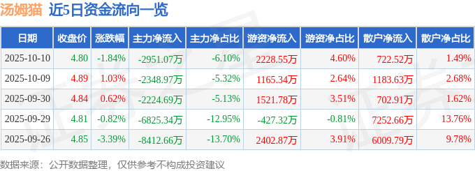 股票行情快报：汤姆猫（300459）10月10日主力资金净卖出2951.07万元