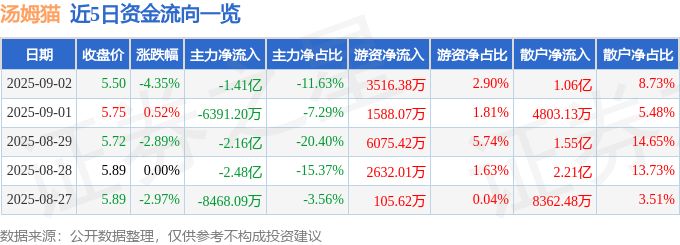 股票行情快报：汤姆猫（300459）9月2日主力资金净卖出1.41亿元