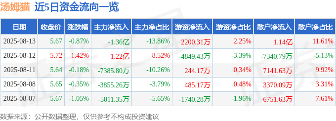 股票行情快报：汤姆猫（300459）8月13日主力资金净卖出1.36亿元