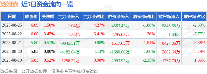 股票行情快报：汤姆猫（300459）8月25日主力资金净买入1.04亿元