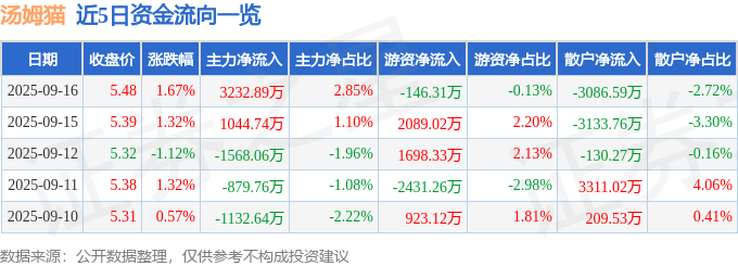 股票行情快报：汤姆猫（300459）9月16日主力资金净买入3232.89万元