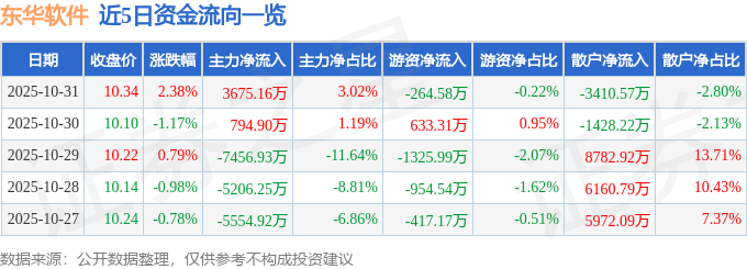 股票行情快报：东华软件（002065）10月31日主力资金净买入3675.16万元