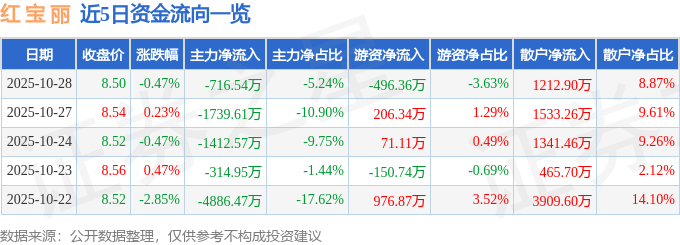 股票行情快报：红宝丽（002165）10月28日主力资金净卖出716.54万元
