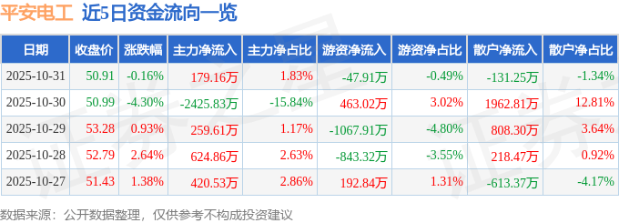 股票行情快报：平安电工（001359）10月31日主力资金净买入179.16万元