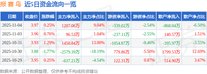 股票行情快报：报喜鸟（002154）11月4日主力资金净买入1207.06万元