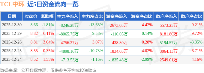股票行情快报：TCL中环（002129）12月30日主力资金净卖出8246.28万元