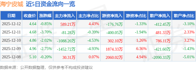 股票行情快报：海宁皮城（002344）12月12日主力资金净买入589.21万元