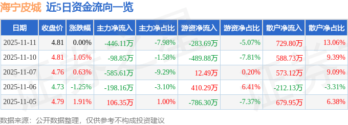 股票行情快报：海宁皮城（002344）11月11日主力资金净卖出446.11万元